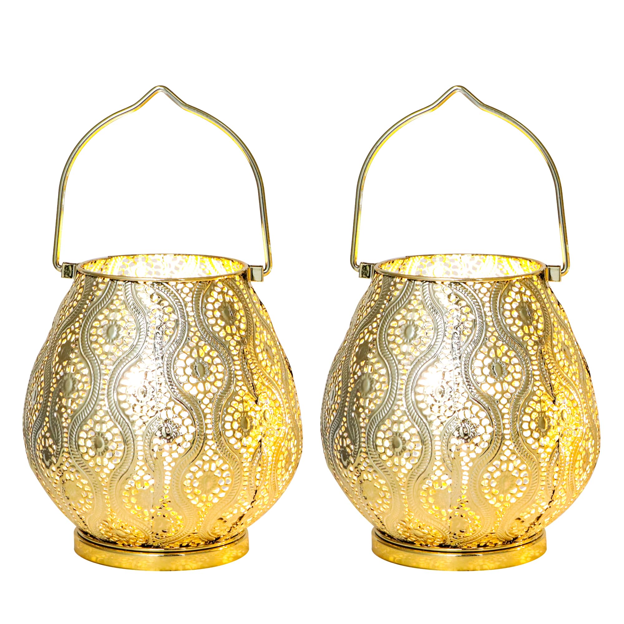 TRIROCKS Juego de 2 lámparas de mesa decorativas marroquíes de metal de 26 cm de alto, linternas inalámbricas con luces de hadas para el hogar, sala de estar, jardín, patio, fiesta, eventos, mesa