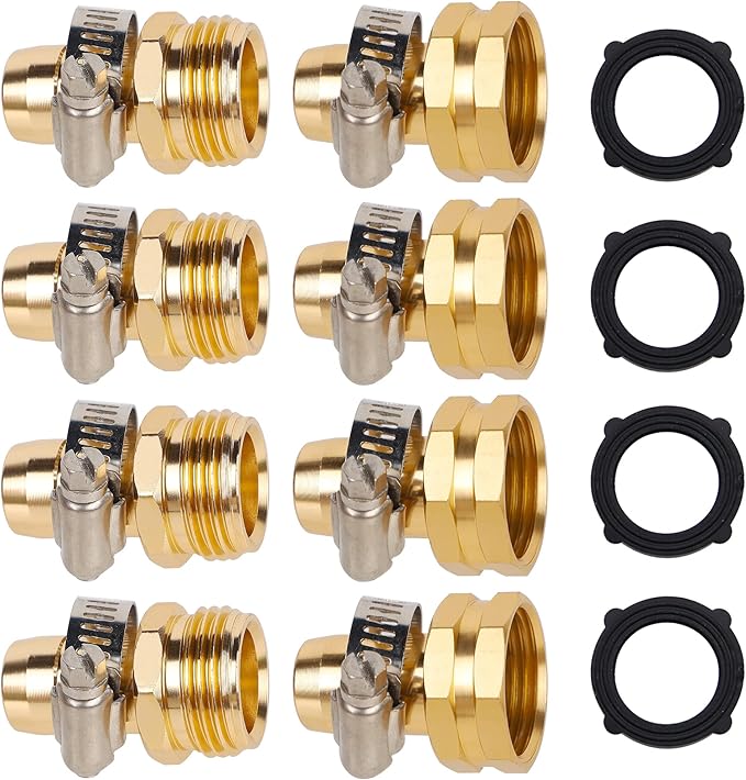 Biswing Garden Hose Repair Connector with Stainless Steel Clamps, 5/8" Barb x 3/4" GHT Thread Aluminum Water Hose Pipe Repair Kit, Female and Male Hose Connectors, 4 Pack