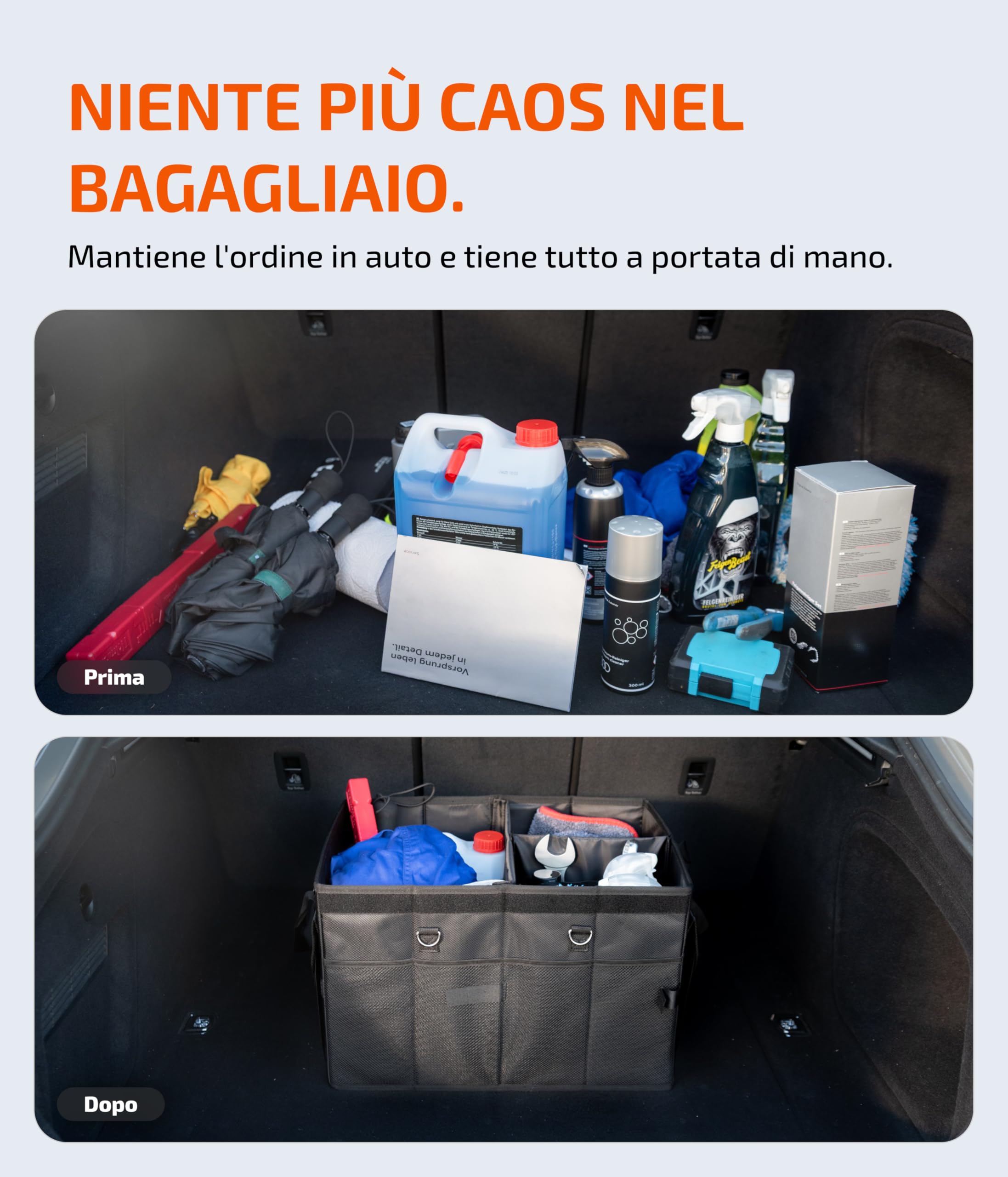LIONSTRONG® Box Organizer da Bagagliaio – Contenitore pieghevole e antiscivolo con maniglie e scomparti per city car, berline e SUV – Ideale per spesa, attrezzi e viaggi – Robusto e compatto