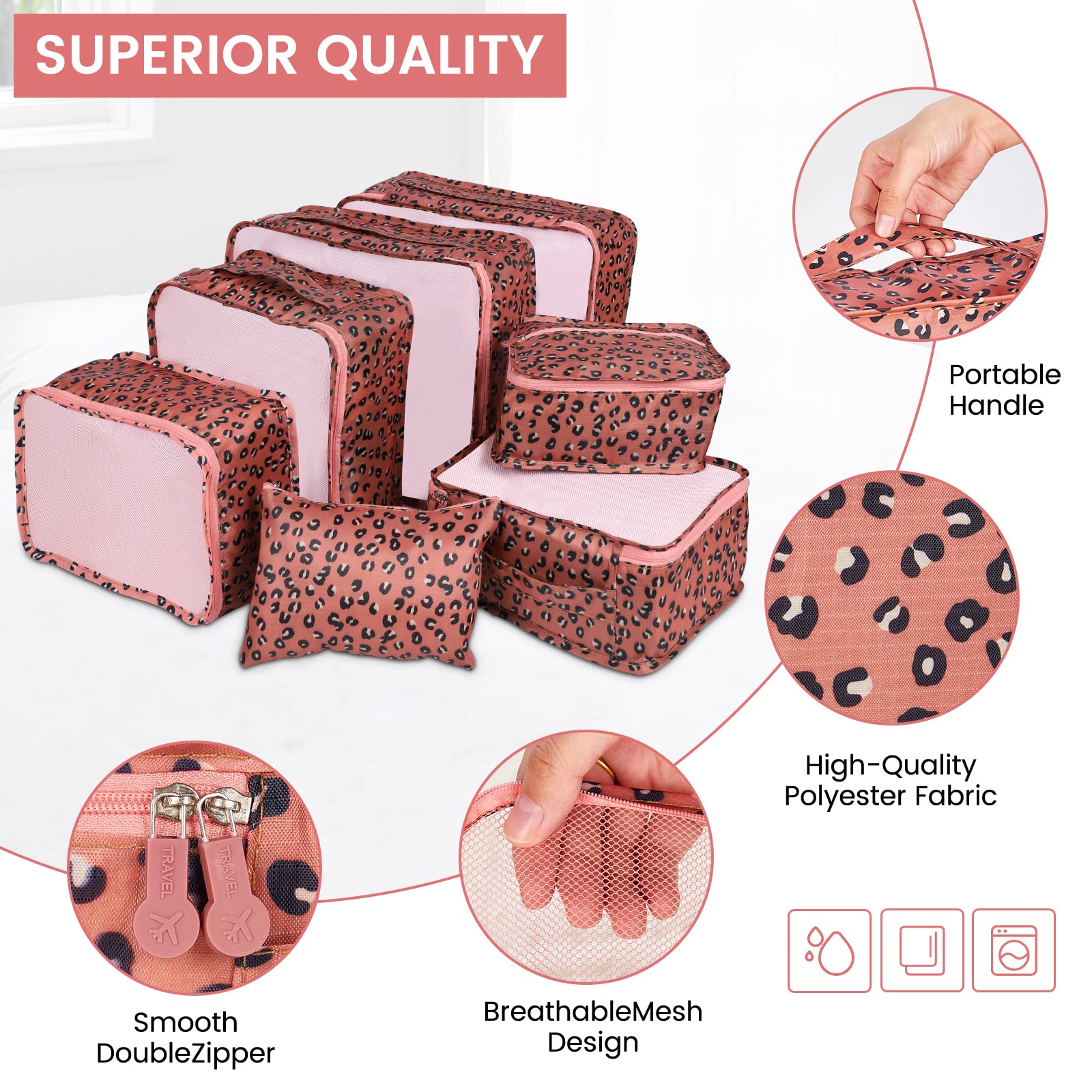 Enloffi Organizer Valigie 10 Pezzi Set Sistema di Cubo di Viaggio Impermeabili Viaggio Accessori Utili per Vestiti Scarpe Biancheria Intima Cosmetici Set di Valigie Portaoggetti, Motivo Leopardato