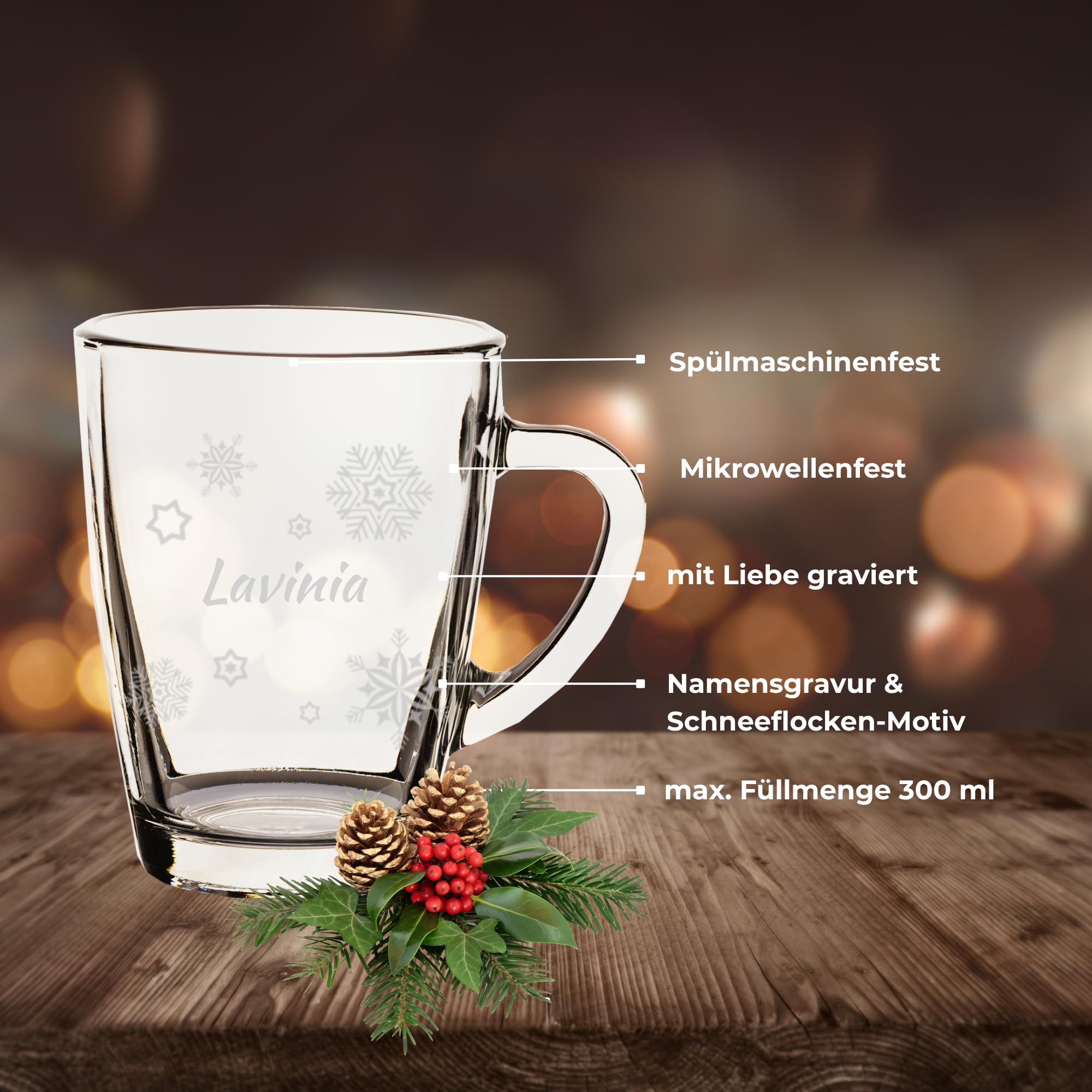 Glasbecher mit Gravur, Schneeflocke, 300 ml, 6 Stück | Personalisierte Glastassen für Kaffee, Tee & Glühwein, Wichtelgeschenkidee, hitzebeständig, Spülmaschinenfest
