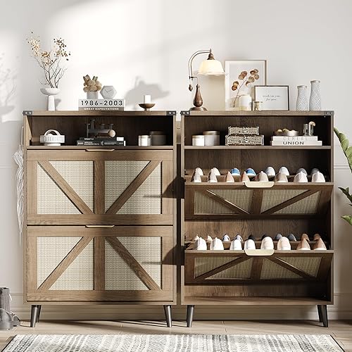 Miniatura 102 de Zapatero con 2 cajones abatibles y almacenamiento abierto, armario de almacenamiento de zapatos de granja para entrada, estante organizador estrecho