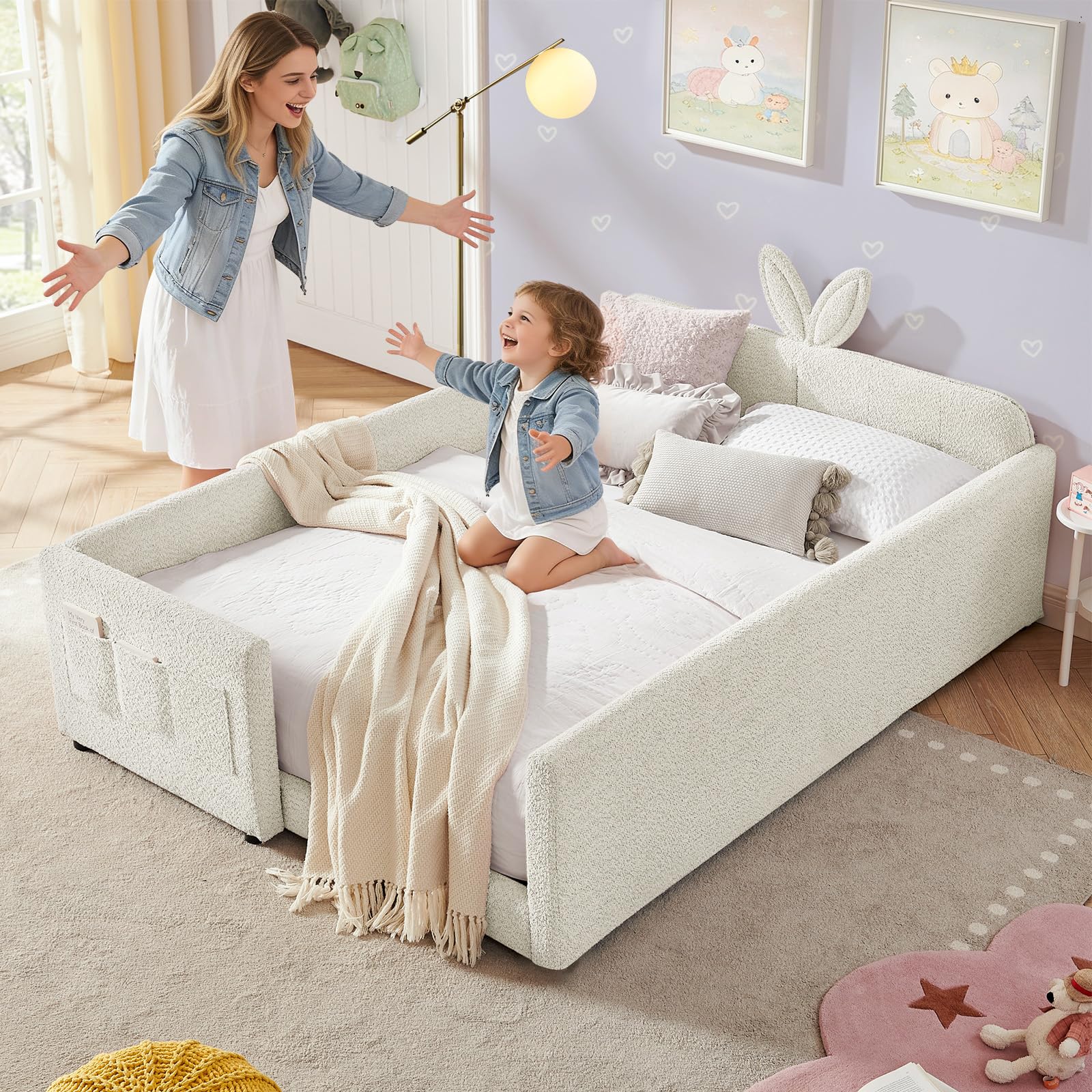 Full Bed Frame for Kids, Floor Platform Bed Bunny, Beige