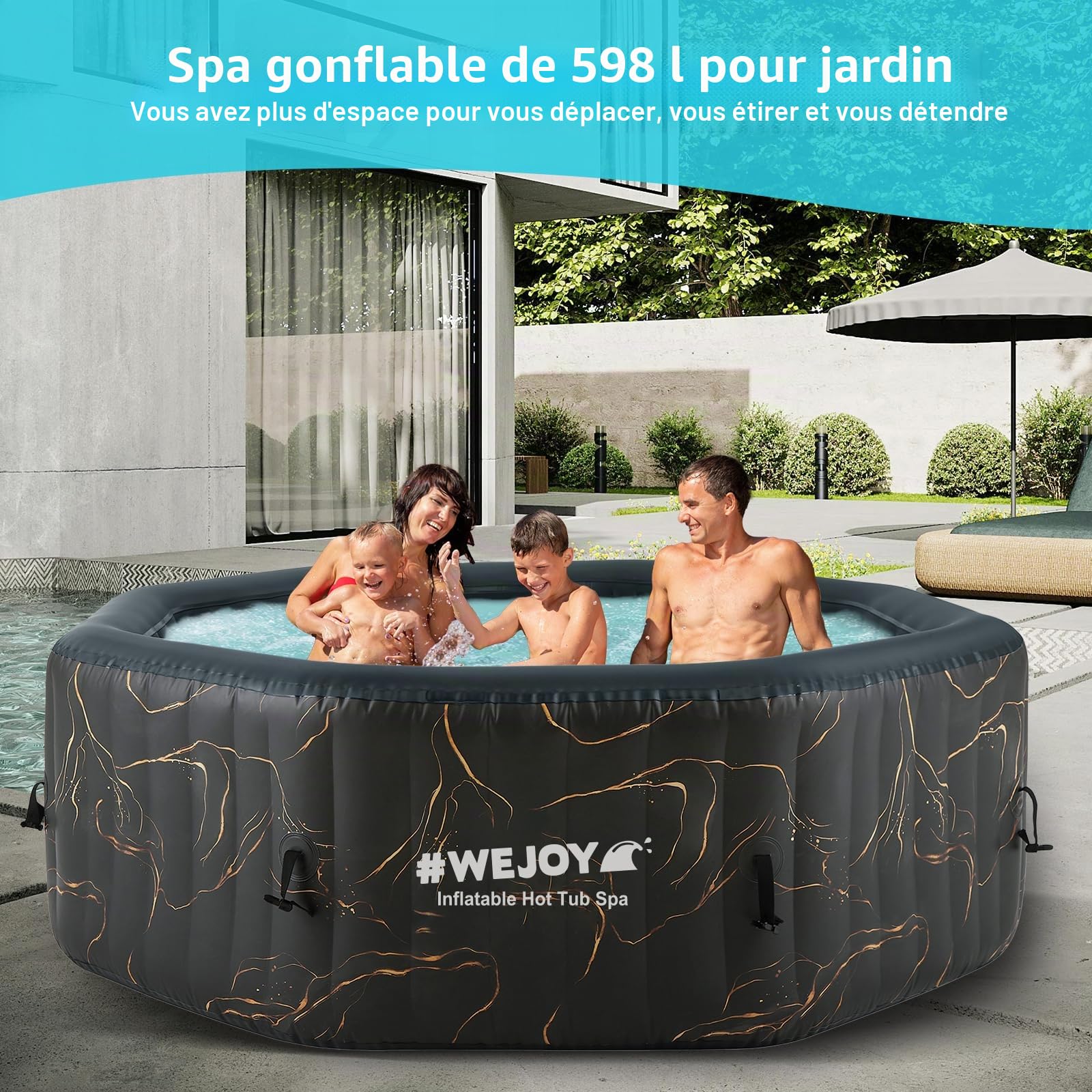 #WEJOY Jacuzzi portable 155 x 155 x 63 cm Air Jet Spa 2-3 personnes gonflable octogone extérieur chauffant spa avec 120 jets à bulles