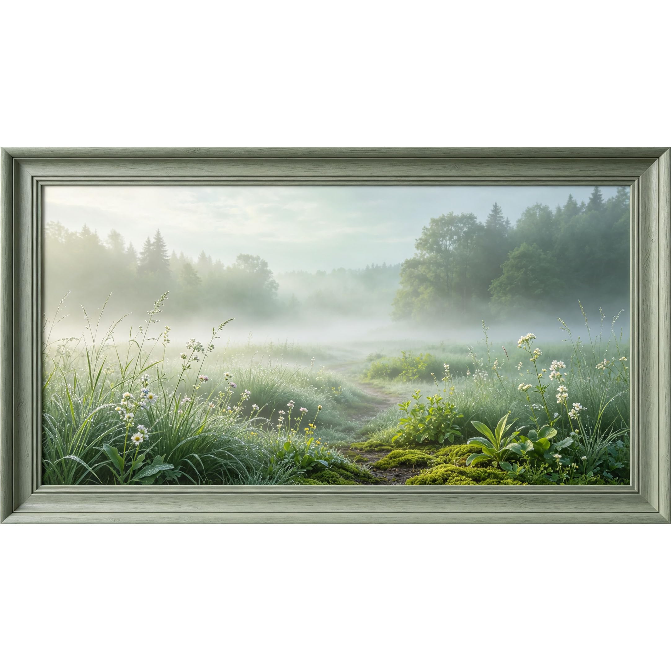 QZLITHOTIC 50x90cm3D Framed Wall Art， Misty Meadow Landscape Botanical Self‑Adhesive Mural， Water‑Activated Peel & Stick Fabric Decor Wall Decal for Bedroom Living Room