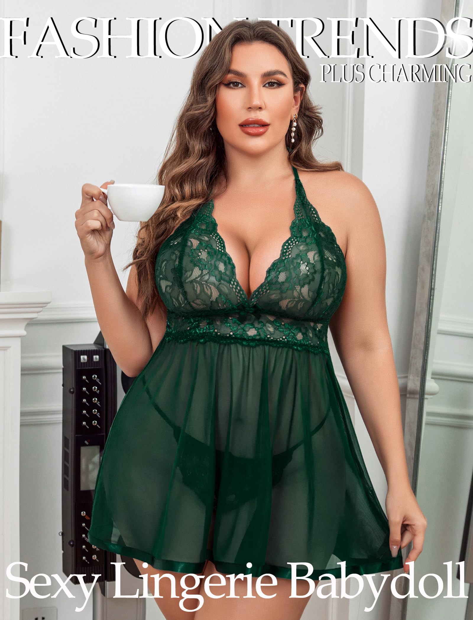 Avidlove Women Plus Size Babydoll Lingerie Lace Chemise Mesh Sleepwear: Lake Green 3X-Large