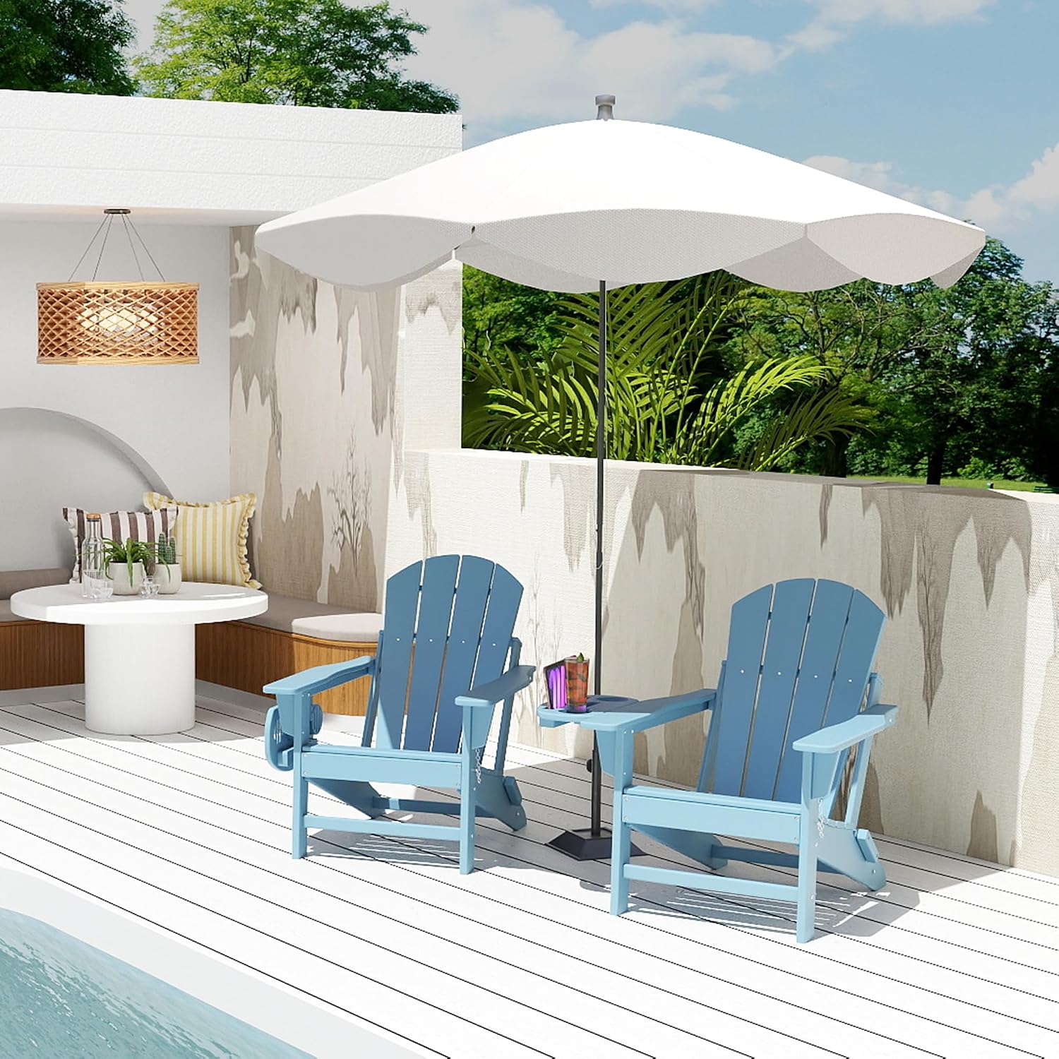 FOOWIN Folding Adirondack Chair Set of 4, HDPE Adirondack Chairs with Cup Holder, Weather Resistant Plastic Fire Pit Chairs for Outdoor, Patio, Lawn, Garden, Backyard, Deck, Light Blue
