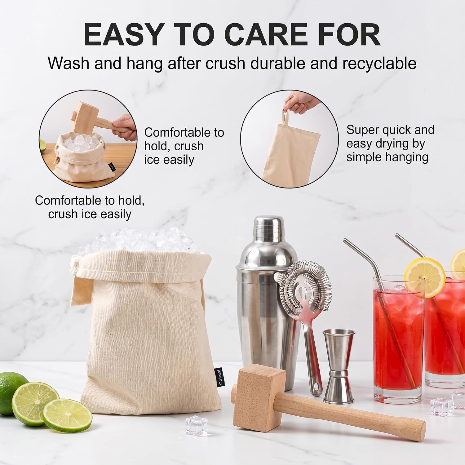 Lewis Bag and Ice Mallet Crush Set, Wooden Hammer Reusable Canvas Bag for Crushed Use Home Party Bar Kitchen Dried Crushing Drinks