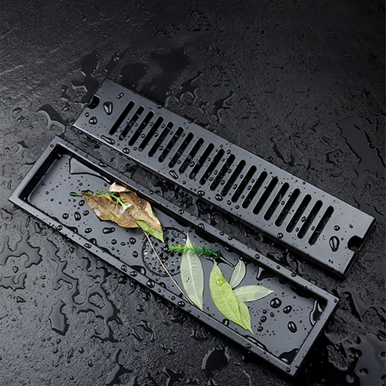 Canaleta de Ducha, 30 X 10cm Desague de Ducha Rectangular de Acero Inoxidable con Tapa de Rejilla Extraíble y Filtro, Drenaje Rápido, Sumidero Ducha Negro para Baño, Cocina, Balcón