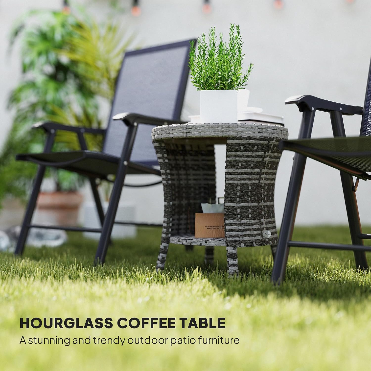 Outsunny 18" Outdoor Wicker Coffee Table, 2-Tier Patio Side Table with Storage, PE Rattan End Table with Composite Wood Top, Steel Frame for Garden Backyard Balcony, Mixed Gray