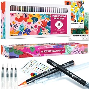 AOTEMOON Art Supplies Gifts for Girls Teens Beginners, 60 Watercolor Pens Set Includes 52 Vivid Colors, Real Brush Tips Paint Markers Set with 4 Blender Pens, Watercolor Book and Coloring Book