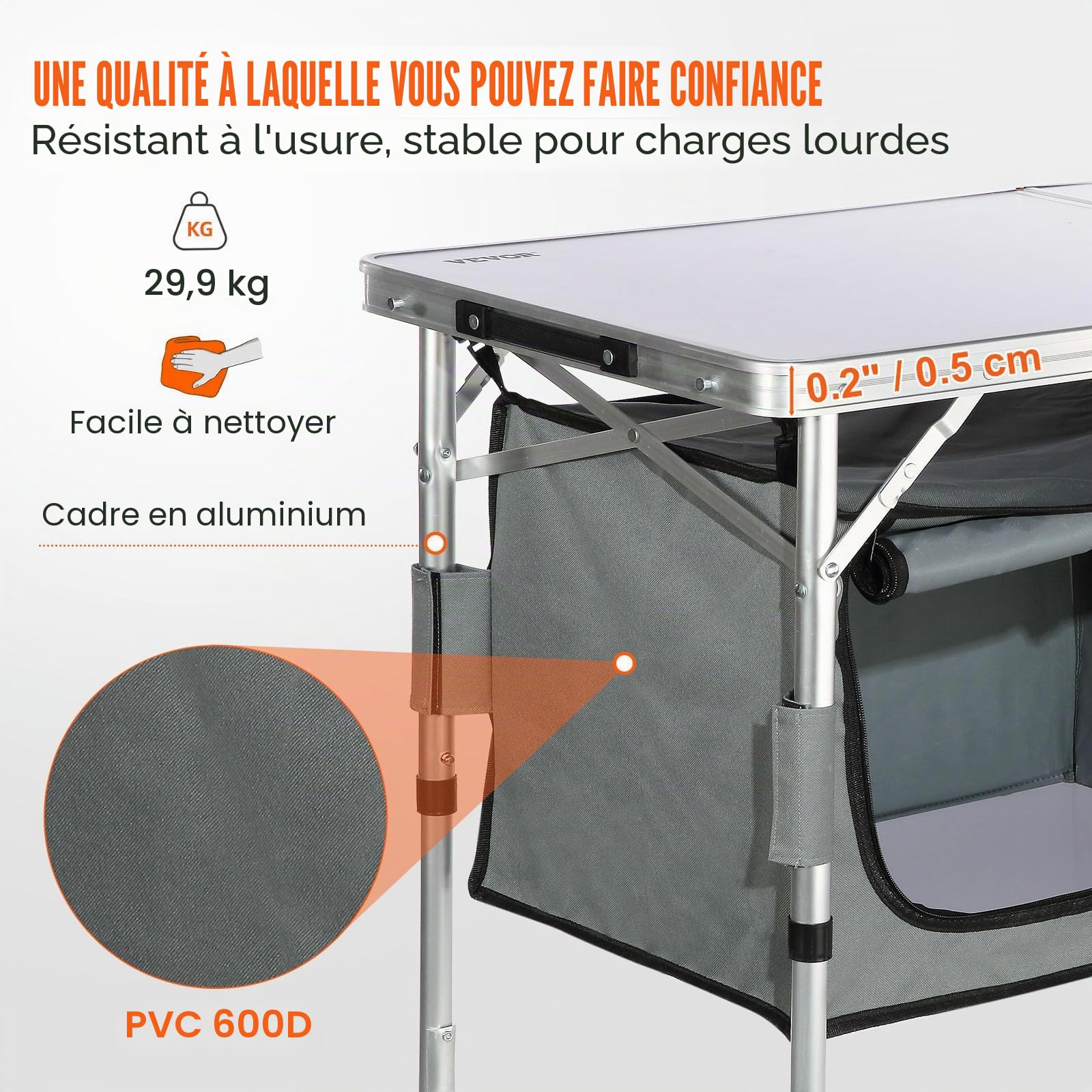 VEVOR Cuisine de Camping 120x47x70 cm Armoire de Camping Pliable Structure en Alu Grand Comptoir Meuble de Cuisine Hauteur Réglable 2 Compartiments avec Poignée de Transport BBQ Pique-Nique Jardin