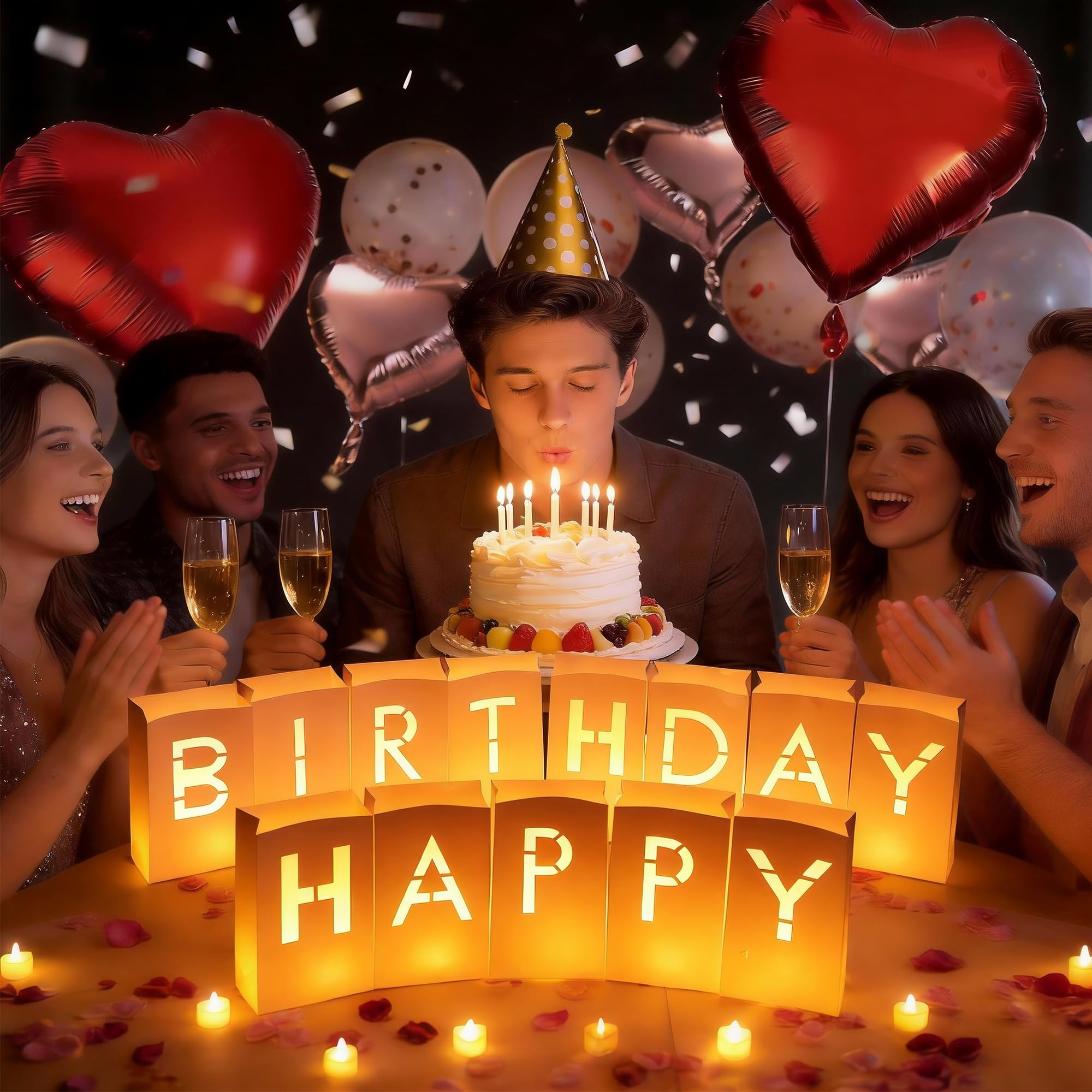 Bolsas luminosas con letras iluminadas de feliz cumpleaños con velas de té, globos de látex, globos de aluminio y pétalos de rosa, regalos sorpresa, decoración de cumpleaños para mujeres