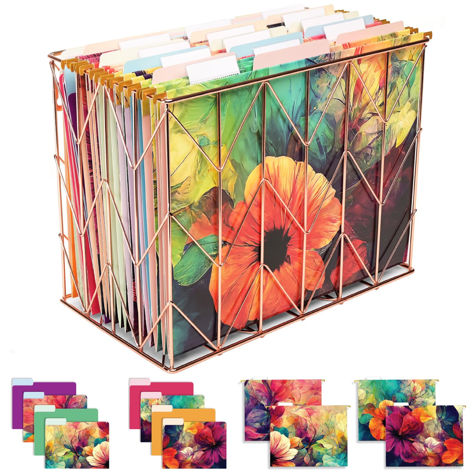Global Printed Products Kit de carpetas colgantes de diseño de lujo, incluye cesta colgante de metal, 12 carpetas colgantes, 24 carpetas de archivos, pestaña de corte de 1/3, posiciones surtidas