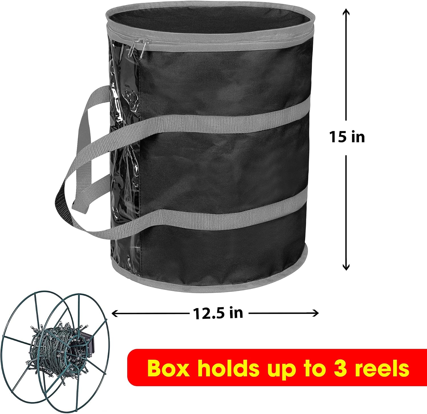 ProPik Christmas Light storage Bag | Holiday Light Storage Organizer with 3 Metal Reels for Tree Lights & Extension Cords Constructed of Durable 600D Oxford Material with Clear PVC Window (Black)