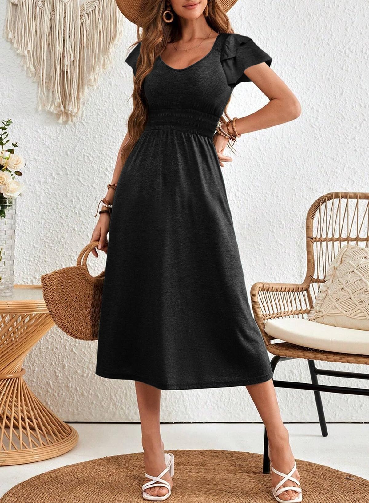 Dokotoo Women's Ruffle Short Sleeve High Waisted Midi Dress 2025 Spring Summer Casual Crewneck A-Line Dress