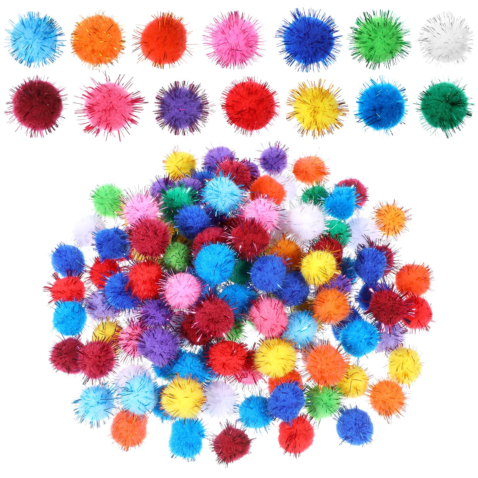 Jeffdad 100 Pcs Glitter Pom Pom Balls 1 inch, Assorted Sparkle Glitter Pom Poms Balls for Arts Craft Soft and Fluffy Craft Pompoms for Crafts DIY Decorations Multicolored