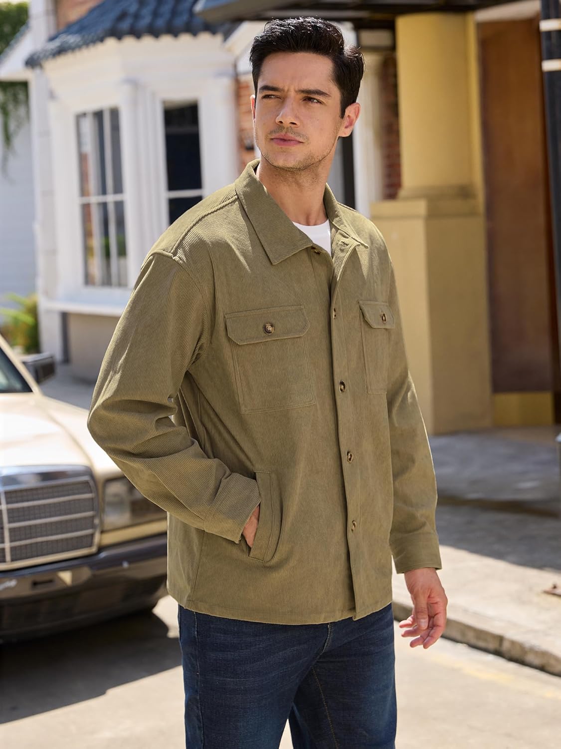 PLEPAN Men's Corduroy Shacket with 4 Pockets (Chest & Side Slant) Button Down Work Jackets Casual Long Sleeve Shirt Jacket