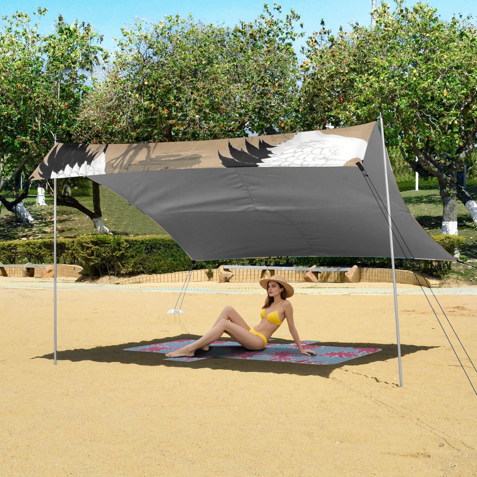 Grand pare-soleil pliable avec pelle à sable, sacs de sable, poteaux de stabilité pour les voyages en famille, les pique-niques et le camping Beige
