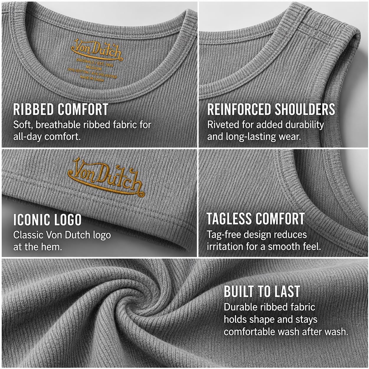 Von Dutch Mens Tank Tops - 5 Pack Soft Cotton A-Shirts for Men, Sleeveless Classic Mens Undershirts for Everyday Wear