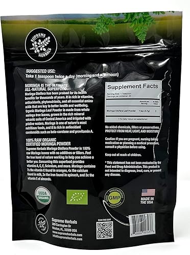Miniatura 2 de Polvo de hoja de moringa 100% cruda y pura. Hoja de moringa certificada orgánica. Superalimento natural con aminoácidos esenciales, antioxidantes y