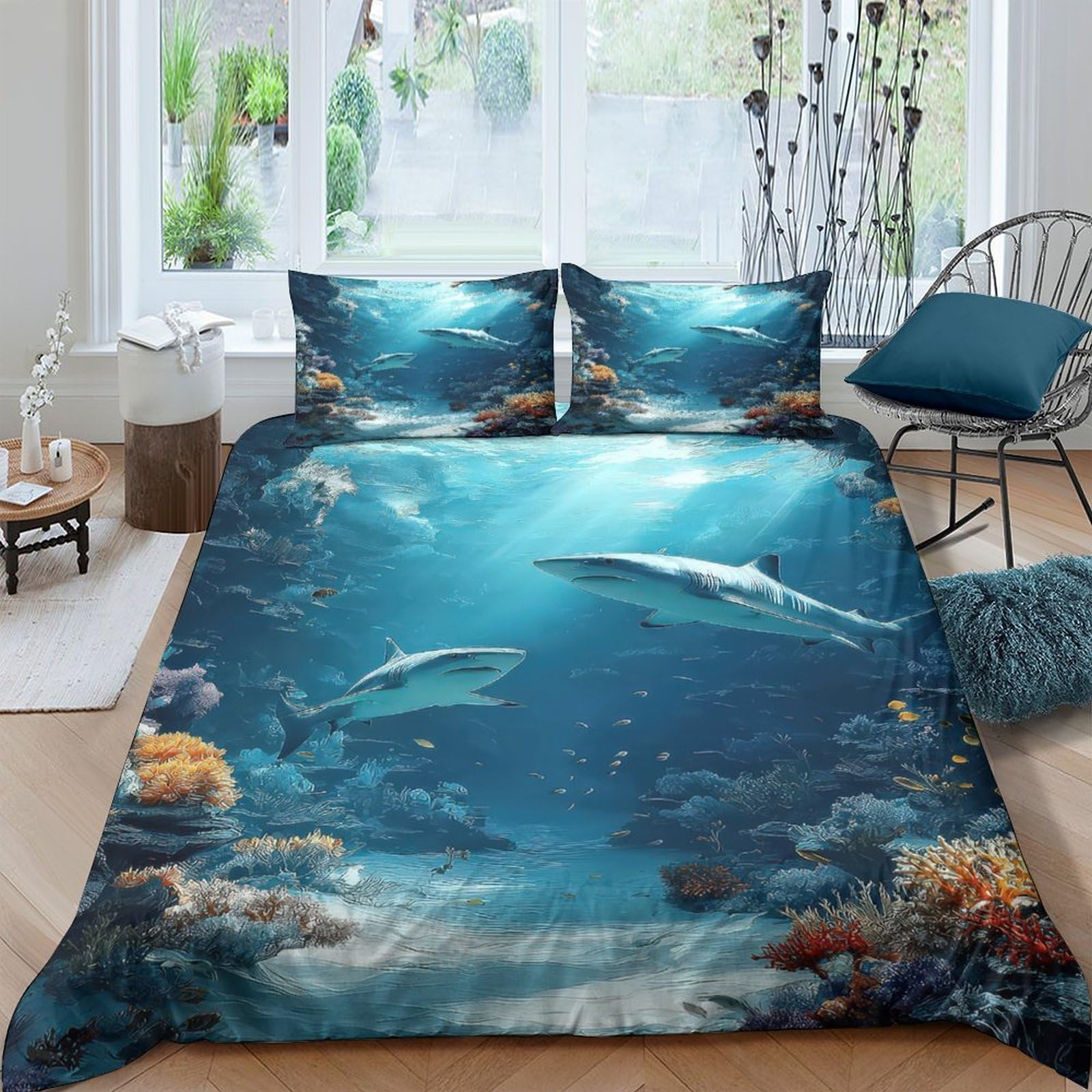 GPLZQXKJNH 3D Printed Ocean Underwater Duvet Cover Microfiber Soft Breathable Shark Coral Reef Bedding Set with 2 Pillowcases for Bedroom Decor Single（135x200cm）