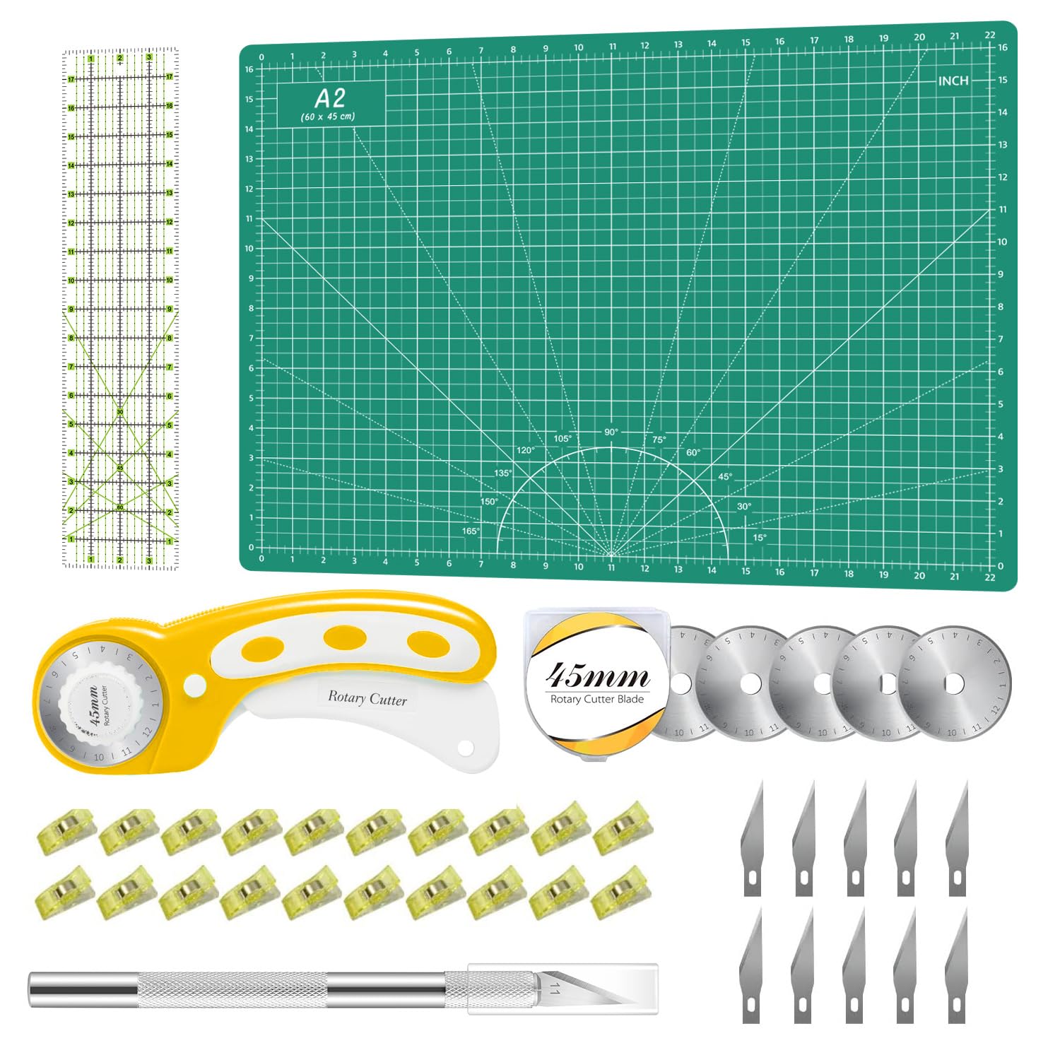 Rollschneider Set Grün - Quilting Kit inkl. 45mm Stoffschneider, 5 Ersatzklingen, A2 Schneidematte, Acryl Quilting Lineal, Nähclips, Bastelmesser Set, ideal zum Basteln, Nähen, Patchworken