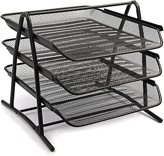 Trintion Letter Tray Mesh Letter Tray 3 Tier Office Filing Trays Holder In Tray Desk Organiser Tidy Document Paper Tray File Storage Metal Filling Collection Desk Organiser for Home & Office (Black)