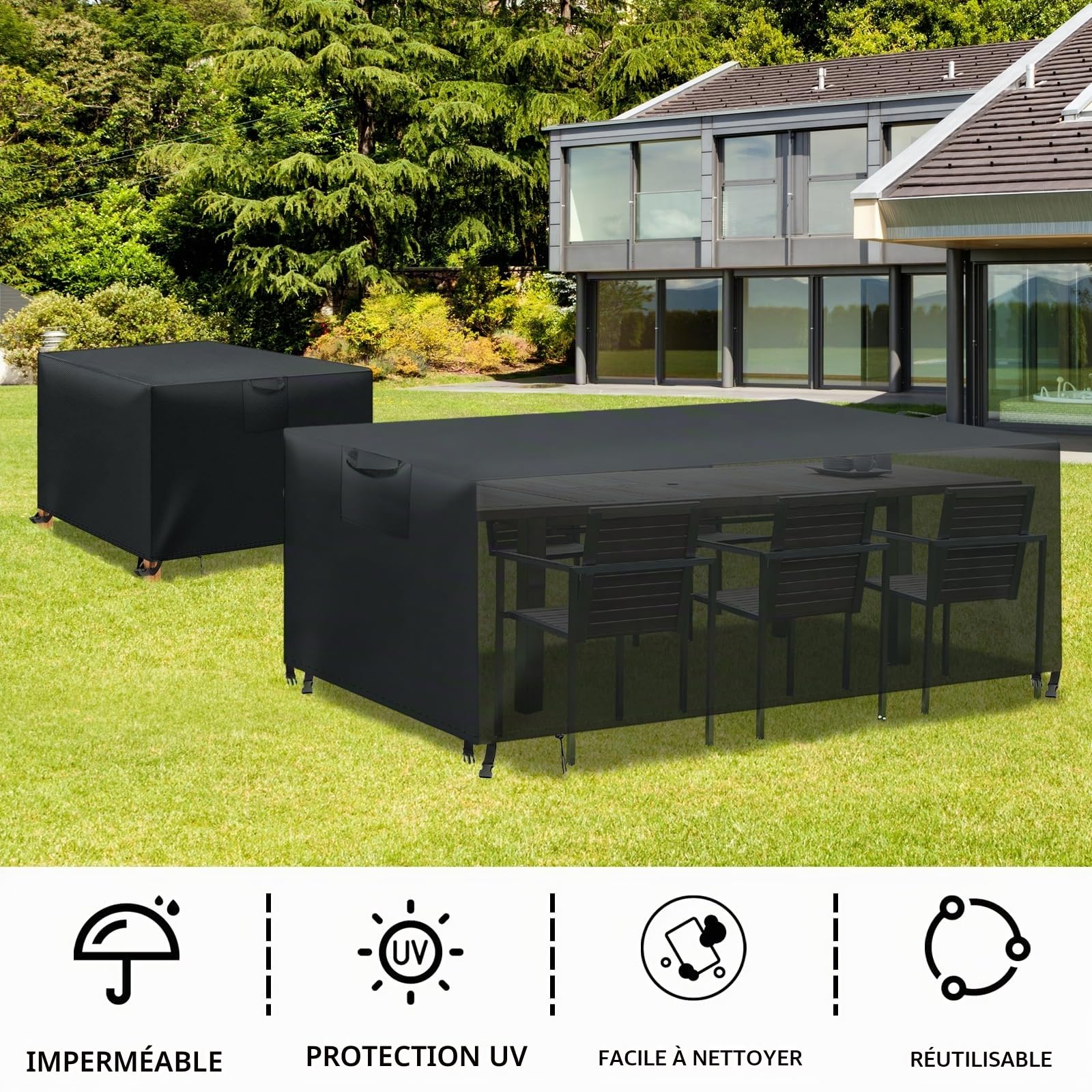 Housse Salon de Jardin, Housse Exterieur Imperméable Anti-UV 420D Tissu Oxford, Noir 300x250x100 cm