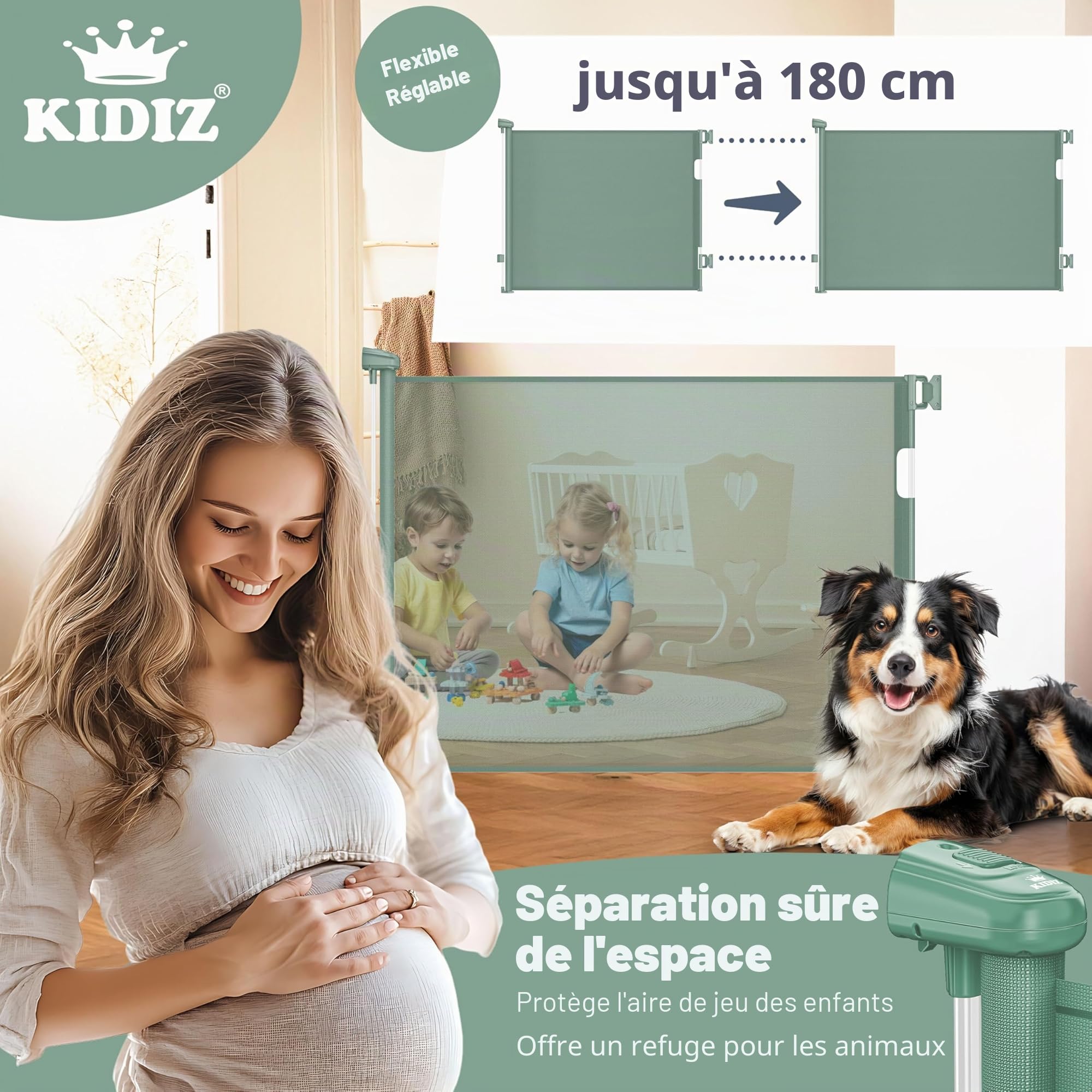 KIDIZ® Barrière de protection d'escalier extensible de 0 à 180 cm - Sécurité enfant pour bébés et animaux domestiques - Grille de protection pour escaliers et portes - Avec ancrage au sol et