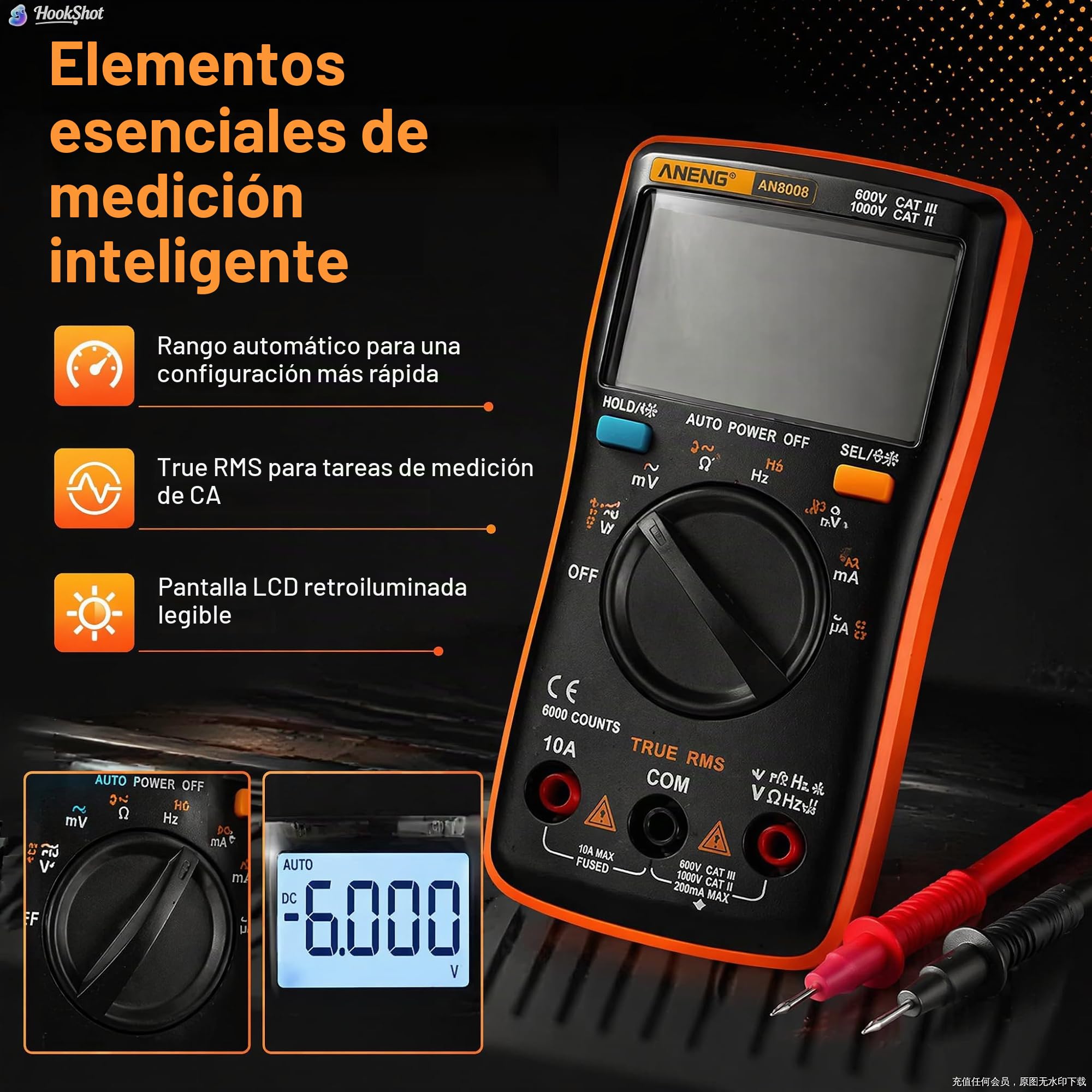 AN8008 Multímetro digital True Tensión CA Voltaje CC Amperímetro Corriente Ohm Medidor Probador Diodos Transistores Temperatura Rojo