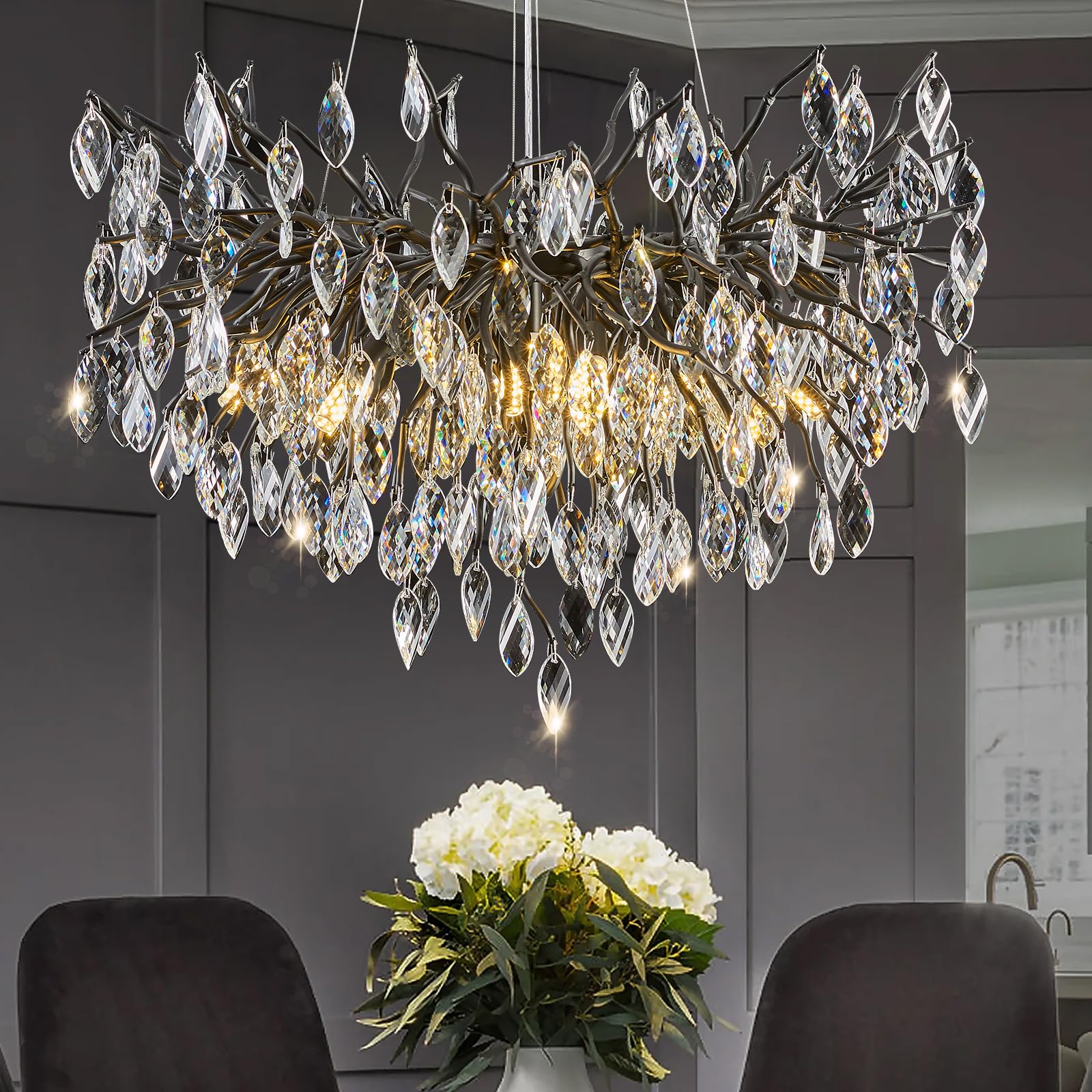 EWIMXSVC Modern Black Crystal Chandeliers for Dining Room, D31.5 Tree Branch Chandelier Bedroom Bathroom 10 Lights Round Chandeliers for Living Room