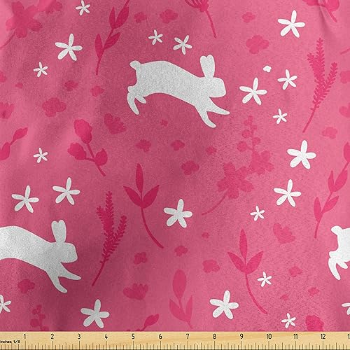 Ambesonne Cartoon Fabric by The Yard, Rabbits Jumping Around Flower Field Meadow Bunny Spring Animal Pastel Art, Decorative Satin Fabric for Home