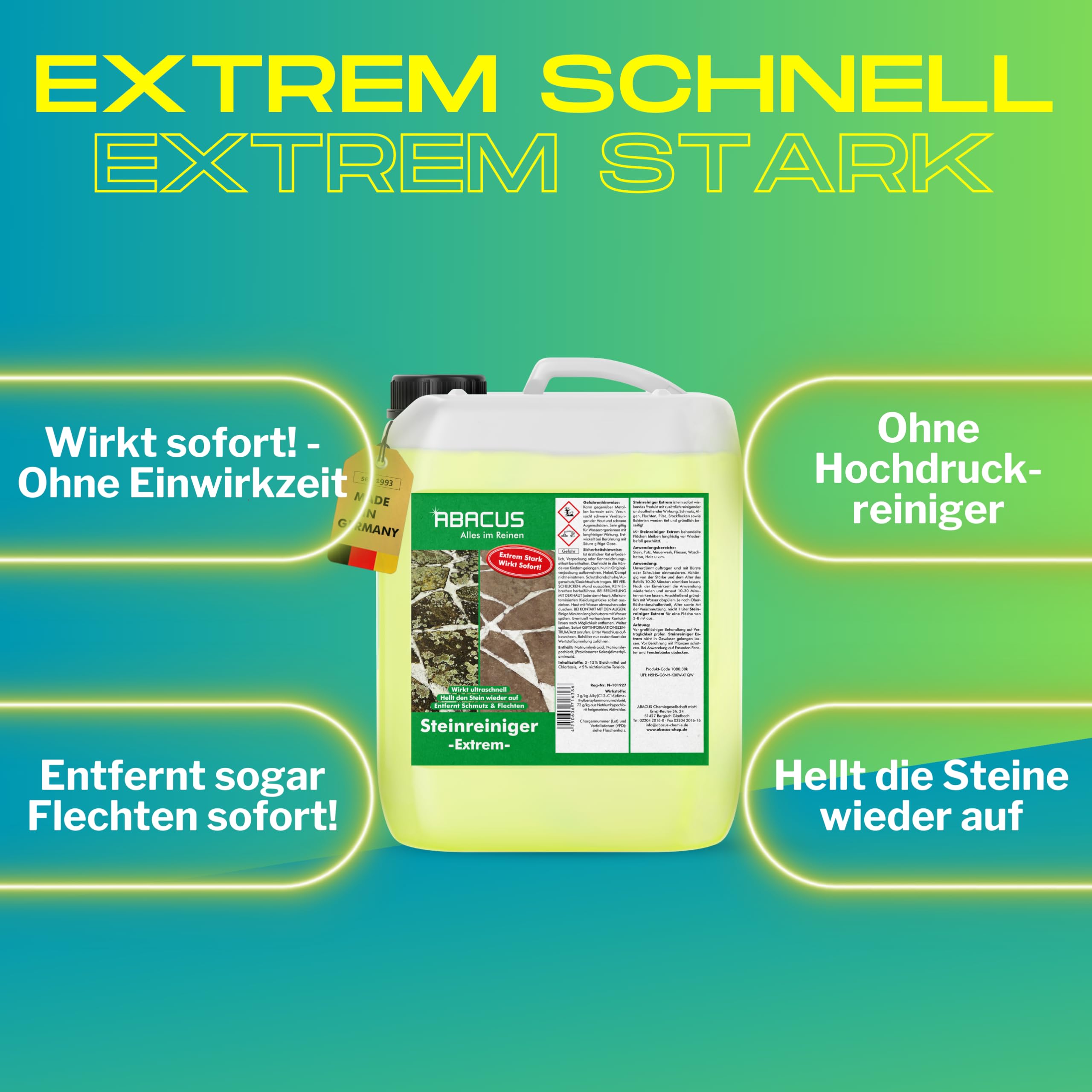 ABACUS® Steinreiniger Extrem 20 Liter, intensiver Steinreiniger für außen mit Sofortwirkung, entfernt sofort Schmutz, Grünbelag, Flechten & Algen auf und Stein in Minuten, Steinreiniger Intensiv außen