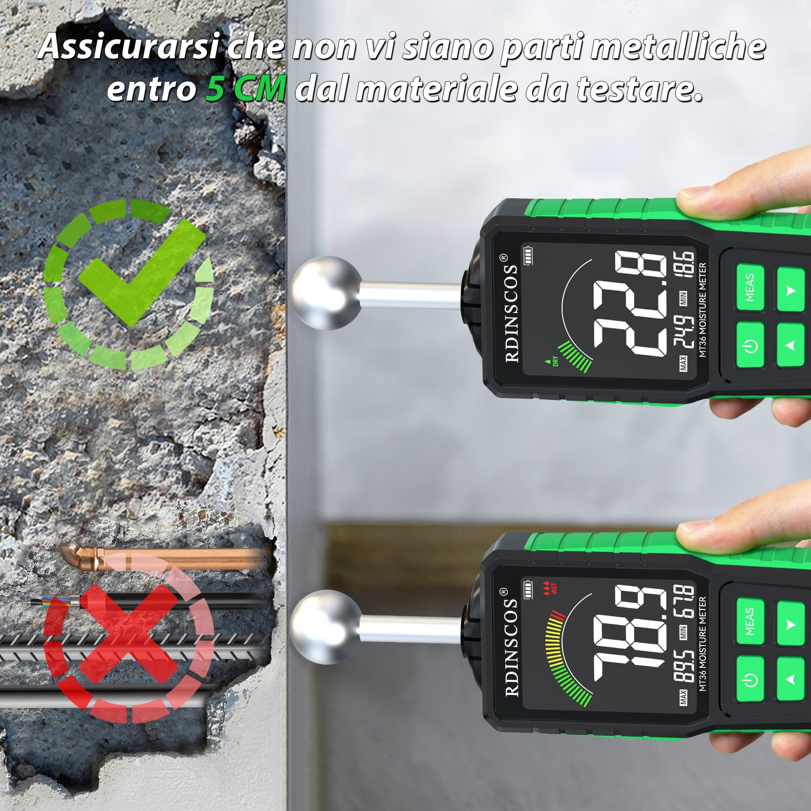 RDINSCOS Misuratore di Umidità del Legno, Igrometro Digitale Professionale Rilevatore di Umidità per Legni, Muri e Pavimenti Tester di umidità Tester (MT36)