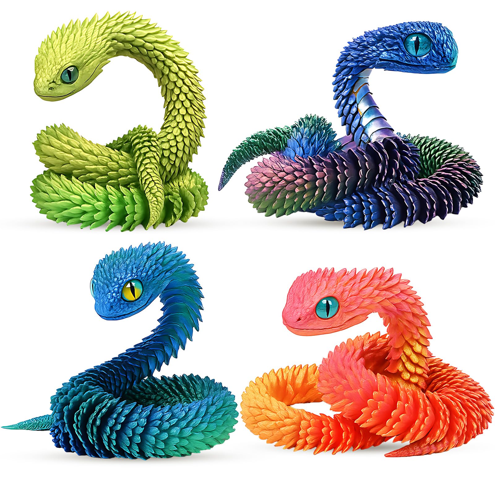 4 PCS 3D Printed Snakes, 30cm Flexible Articulated 3D Snake Models, Ideal for Home Decor Gifts and Educational Use
