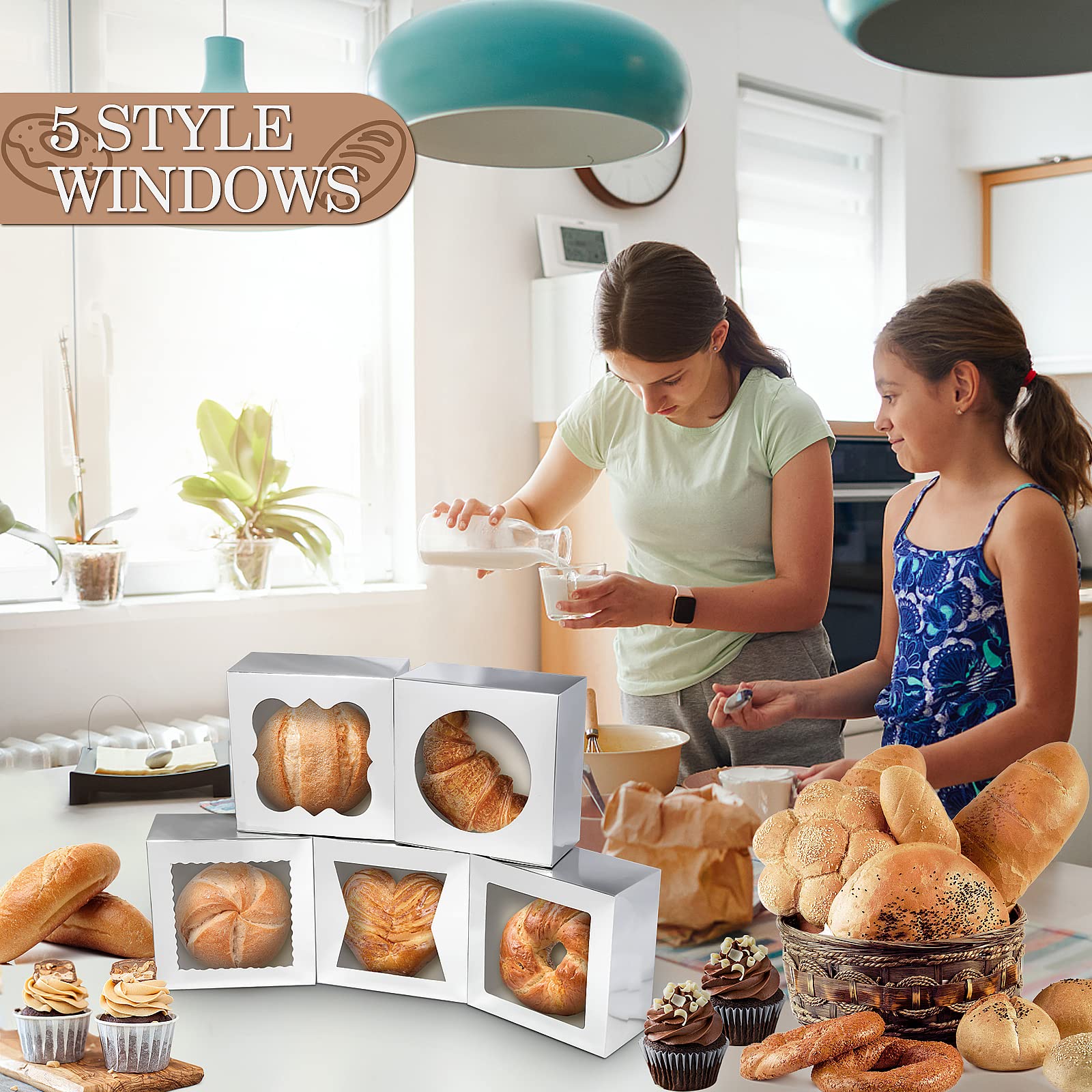 KPOSIYA 65 cajas de panadería con ventana de 6 x 6 x 3 pulgadas, 5 estilos de cajas de galletas pequeñas para dulces, postres, pasteles, donas, fiesta de cumpleaños, boda (plata)