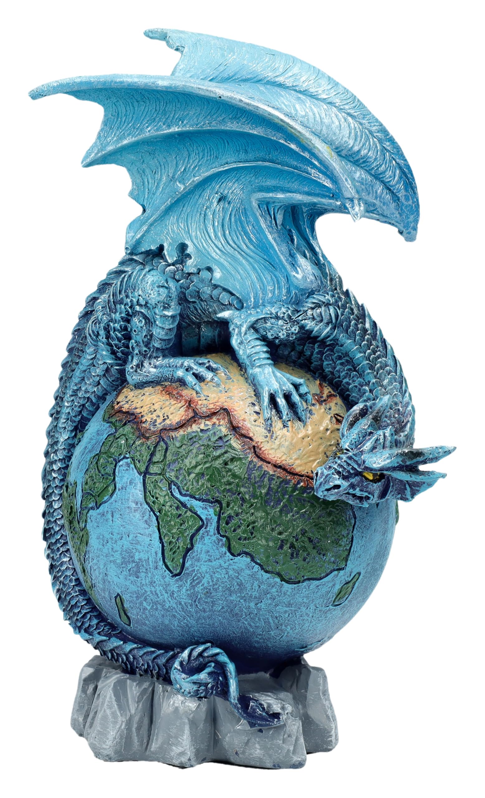 Figuren Shop GmbH Drachenfigur Blauer Planet – Fantasy Dekofigur mit Drache auf Erde, 14,5 cm Höhe