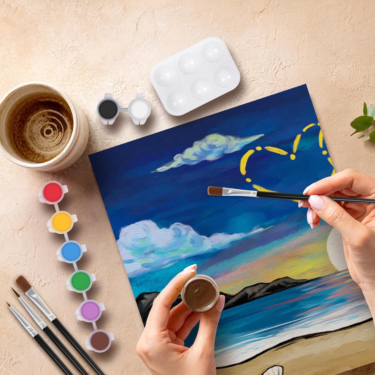 VOCHIC 2 Pack Sip and Paint Kit Pre Drawn Canvas for Painting for Adults Couples Date Night Games Outline Canvas Party Art Set Paints Brushes Pallets Valentine (12x16 Inches, Beach and Heart)