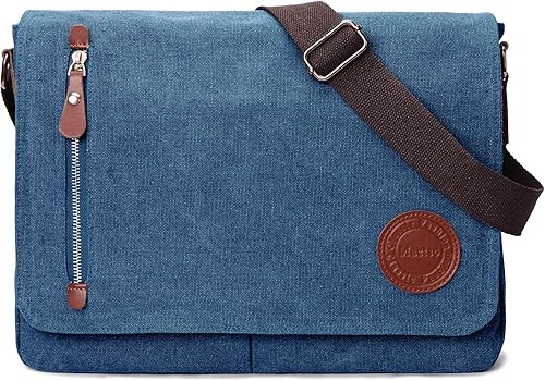 Bolso bandolera de lona vintage para hombres y mujeres, bolsa de hombro de viaje de 13.5 pulgadas, bolsa para laptop, Azul  Patchwork, 13.5 inch