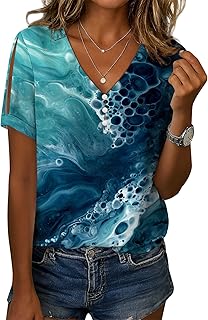 BIVENANT Cold Shoulder Tops for Women Boho Floral Print Short Sleeve V Neck Tunic Blouses Shirts Dressy Casual Outfits