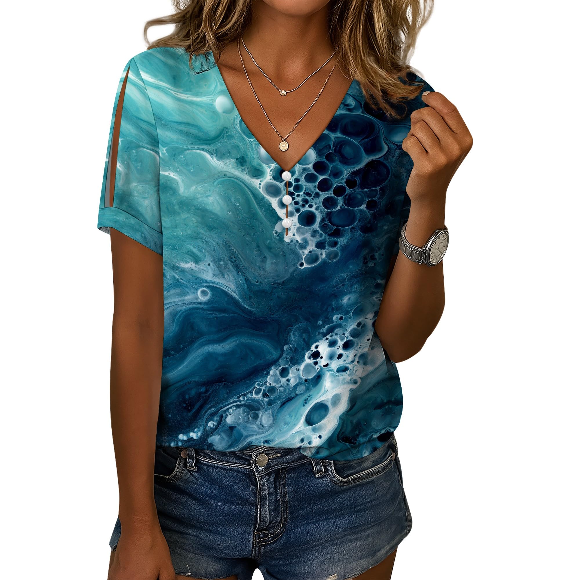 Cold Shoulder Tops for Women Boho Floral Print Short Sleeve V Neck Tunic Blouses Shirts Dressy Casual Outfits