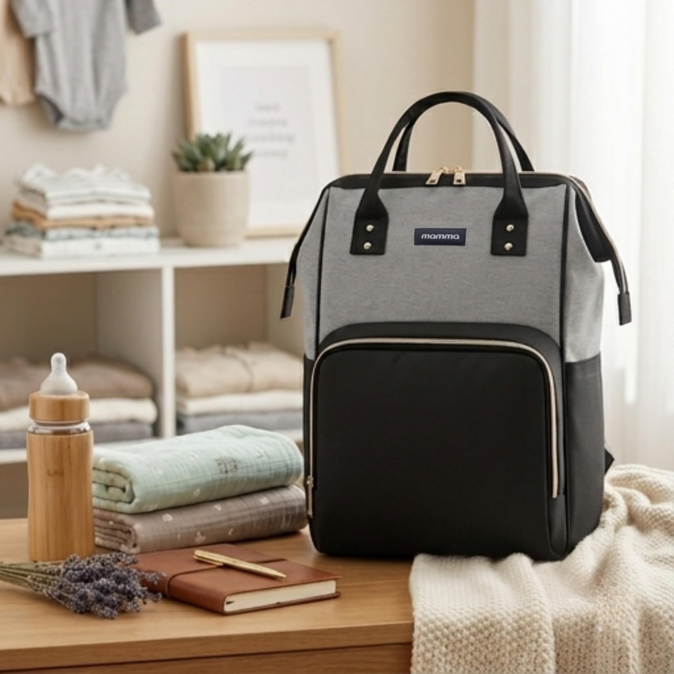 MAMMA Diaper Bag for Mothers for Travel, Baby Bag for Mother Travel, Hospital Bag for Delivery Women, Baby Diaper Bag for Mom, 12 Pockets Diaper Bags for Mothers with 9 Months Warranty