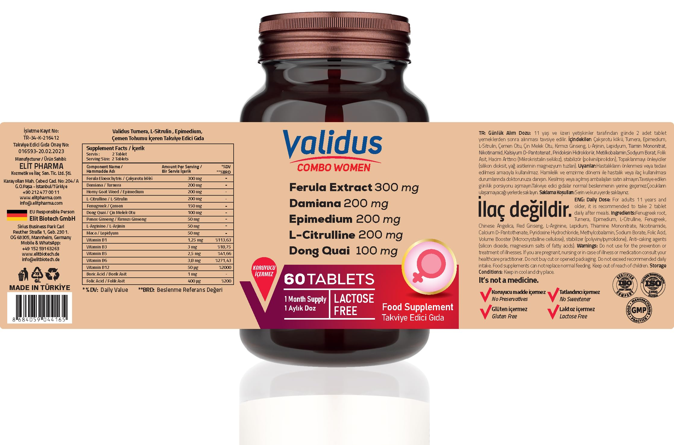 Validus Combo-Women 200 mg Epimedyum, 200 mg Damiana, Mineraller ve Takviyeler 60 Tablet