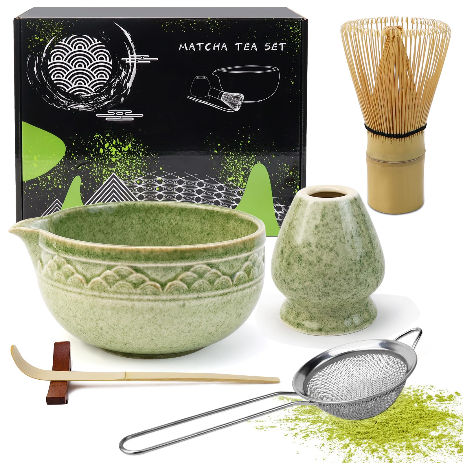 Miotła Matcha zestaw 6 szt., trzepaczka i łyżka, miska z dziobekiem i whisky, łyżka do sitka ze stali nierdzewnej, ceramiczny zestaw do herbaty