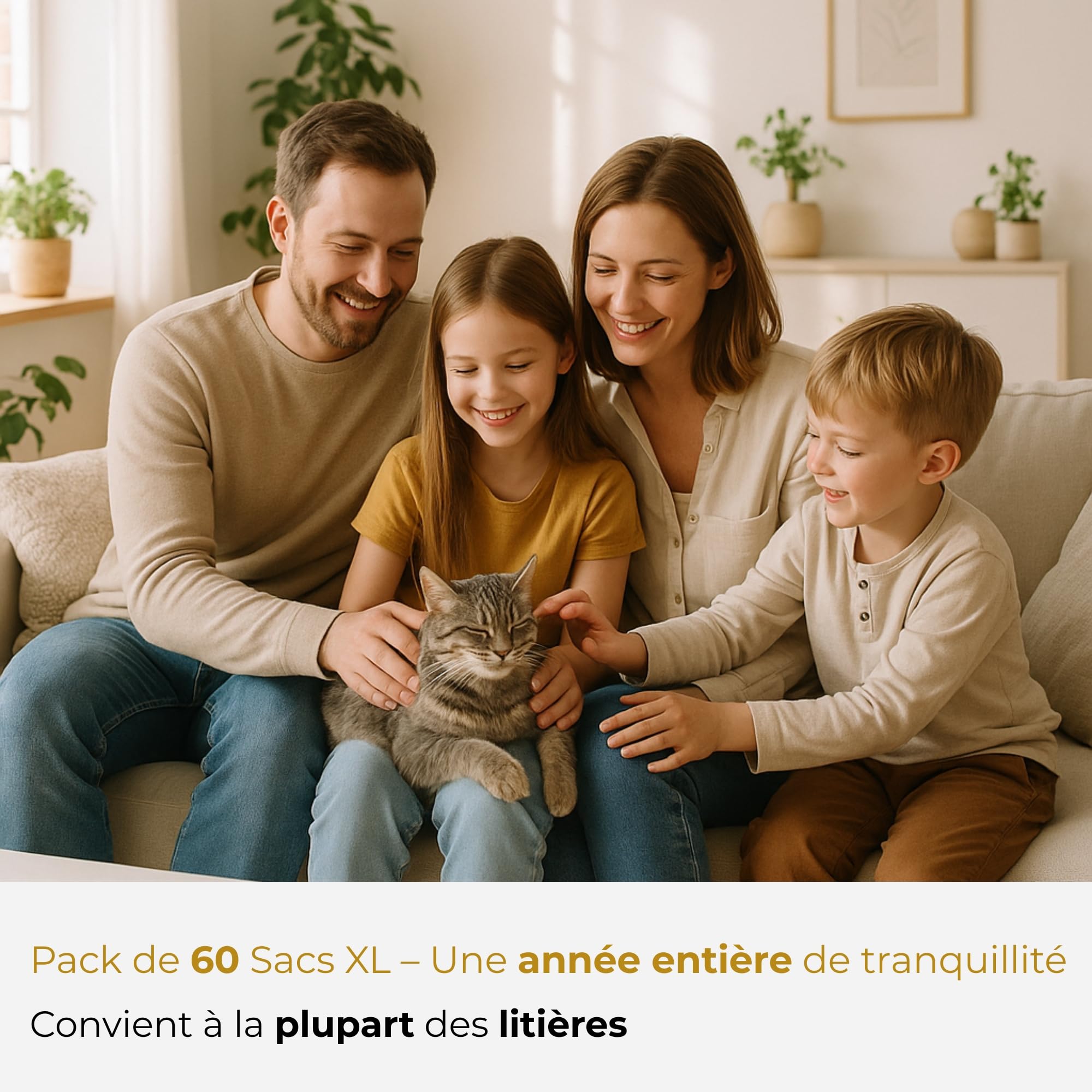 60x Sac Litière Chat XL de protection pour bac à litière avec Cordons de Serrage - Pack Économique Annuel - Hygiéniques, Résistants & Anti-Odeurs