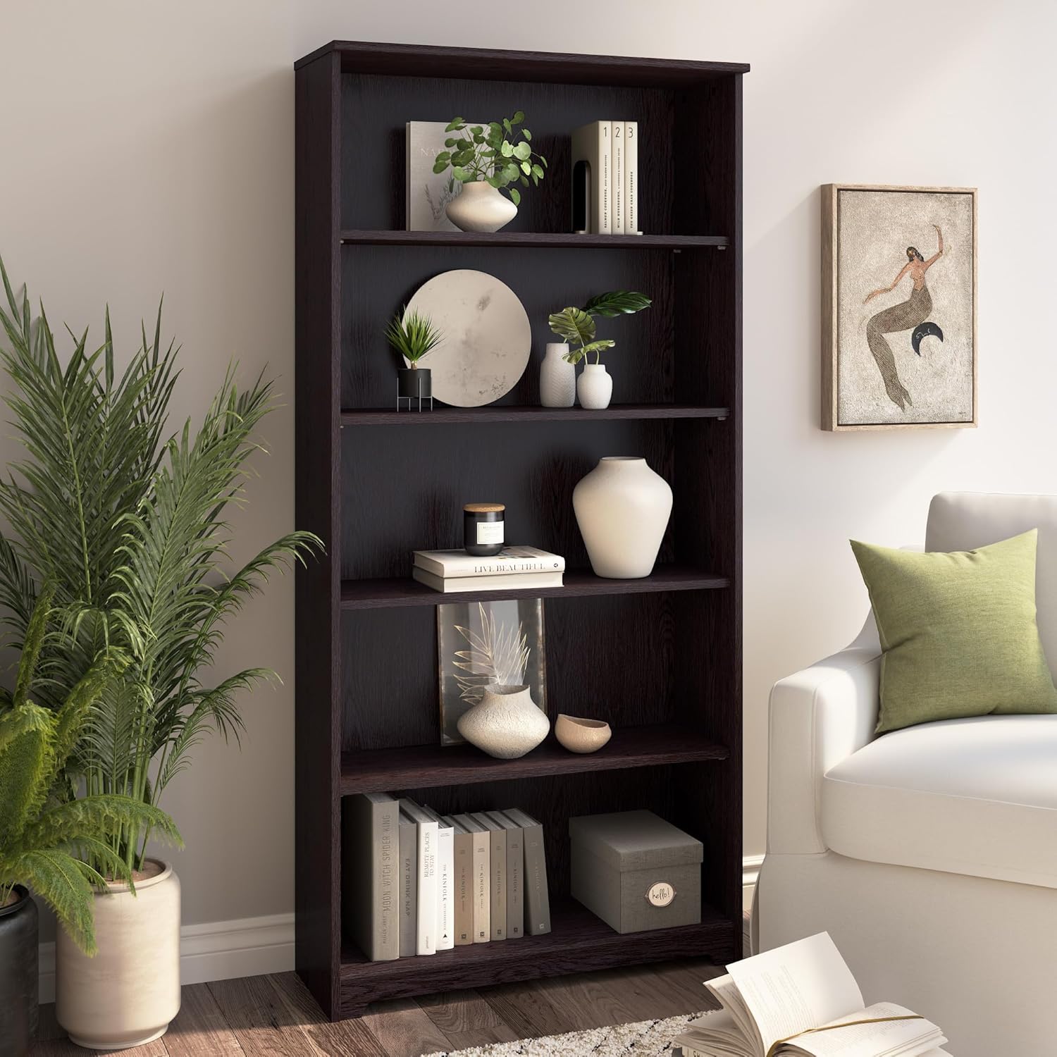 Bush Home Tall 5 Shelf Bookcase, Large Open Bookshelf, Sturdy Display Cabinet for Living Room or Home Office, Cabot Collection, Espresso Oak - Image 2