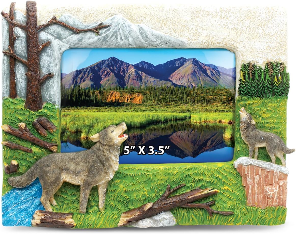 Puzzled CoTa Global Wolf 5" x 3.5" Photo Frame Handcrafted Resin Picture Holder w/Easel Back, Bright & Unique Polyresin Wall & Desk Wild Life Decorative Frame