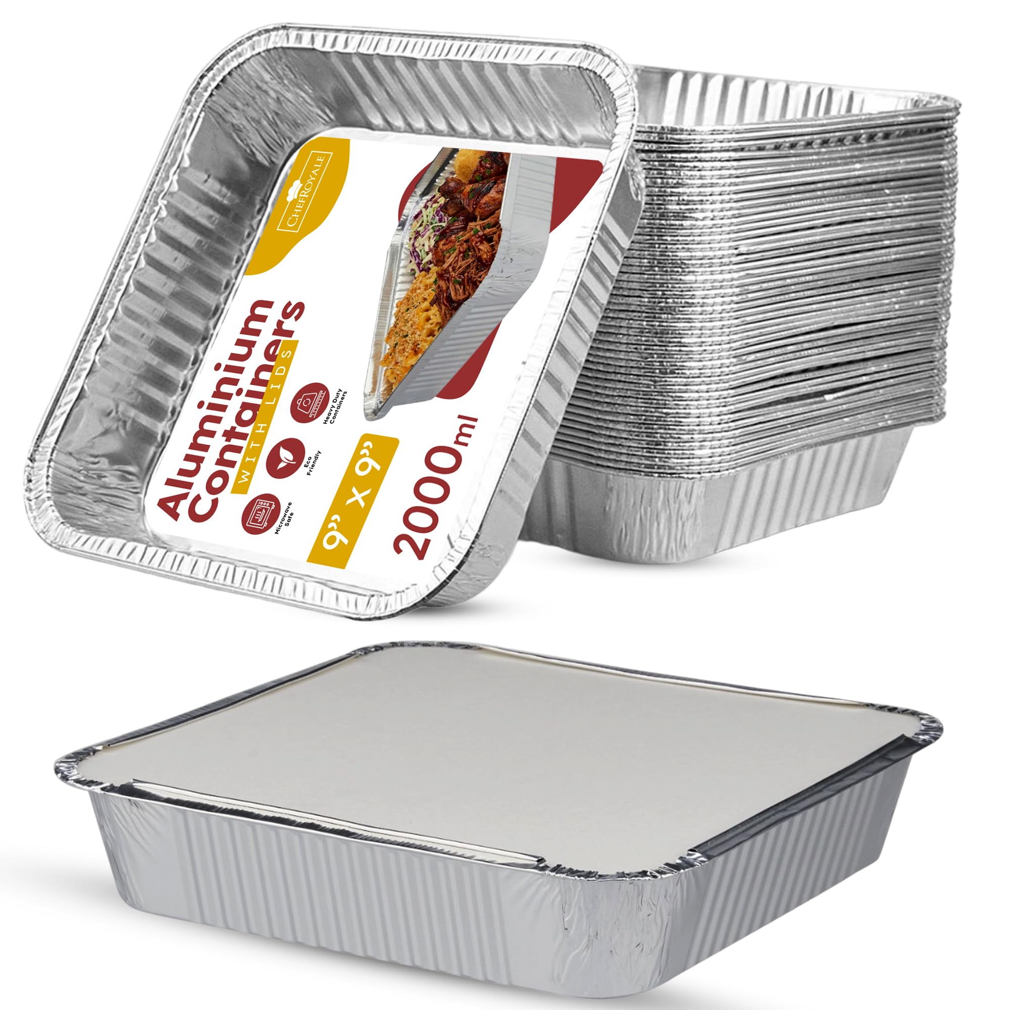 100x Disposable Aluminum Foil Containers with Lids | 9 x 9, 2 inches Disposable Foil Trays Containers | Rectangular Tin Foil Trays for Food Storage, Baking, Roasting, Meal Prep and Takeaway