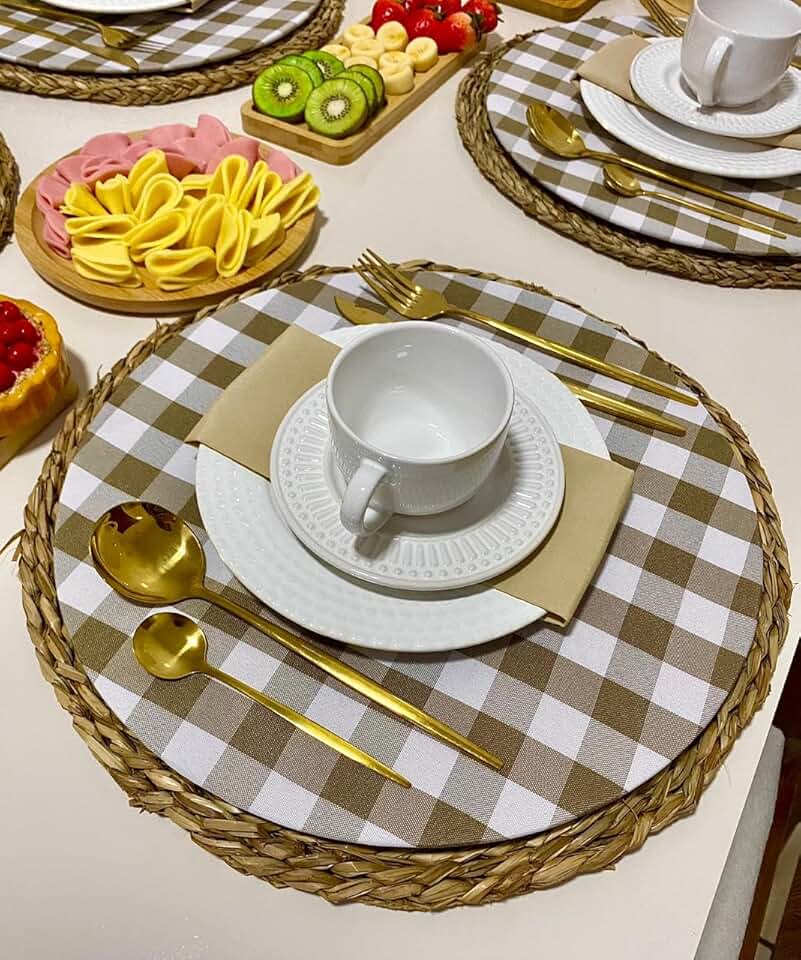 Kit 04 Capas Sousplat Xadrez 35cm Bege Decoração Mesa Posta